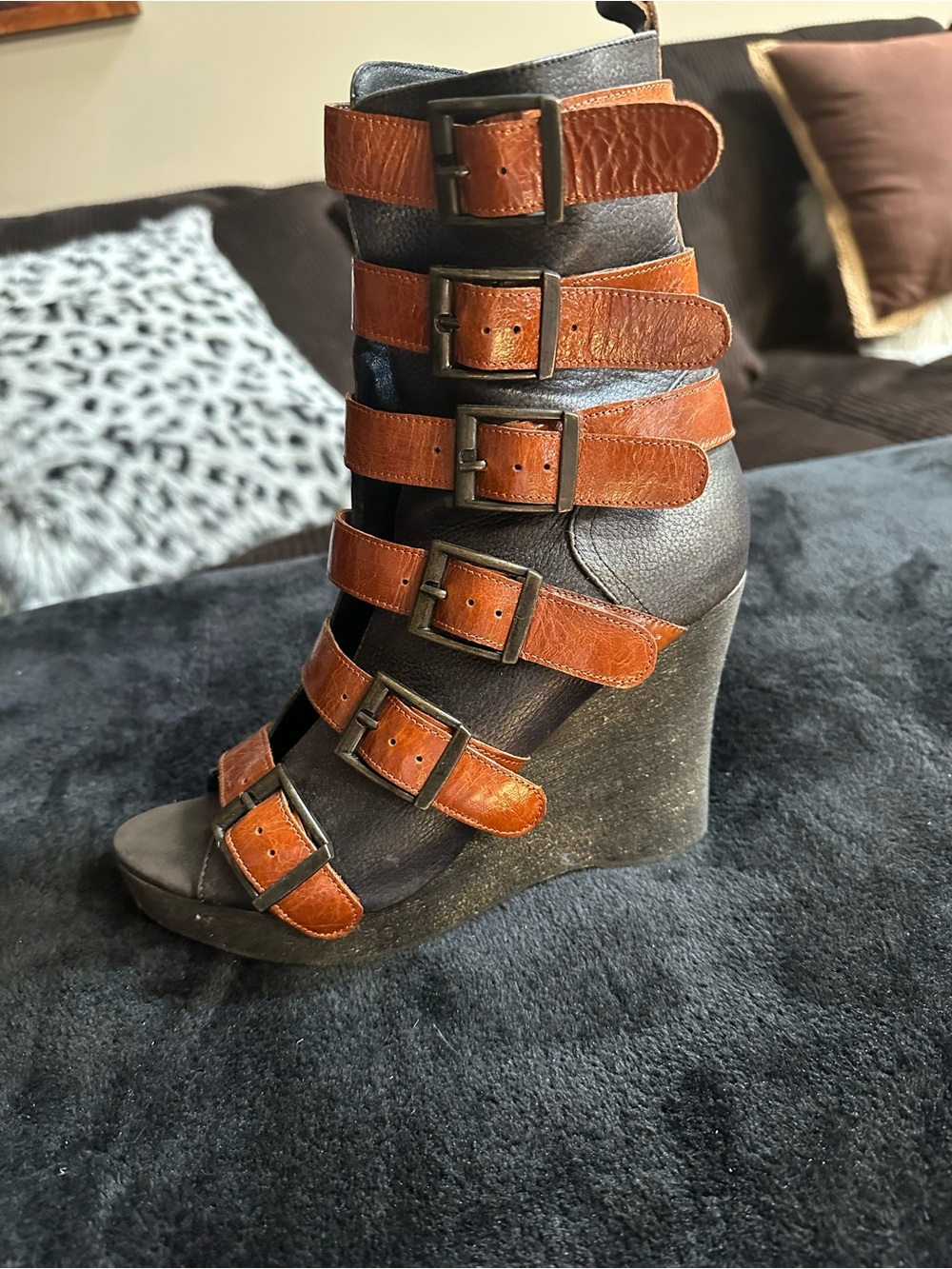 Jeffrey Campbell Brown and Black Strappy Buckle Gladiator Heels - Picture 4 of 7